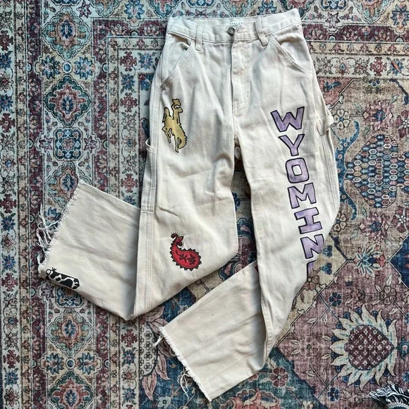 PacSun Wyoming & Western Graphic wide leg cream carpenter denim pants, size 23 - Picture 1 of 8
